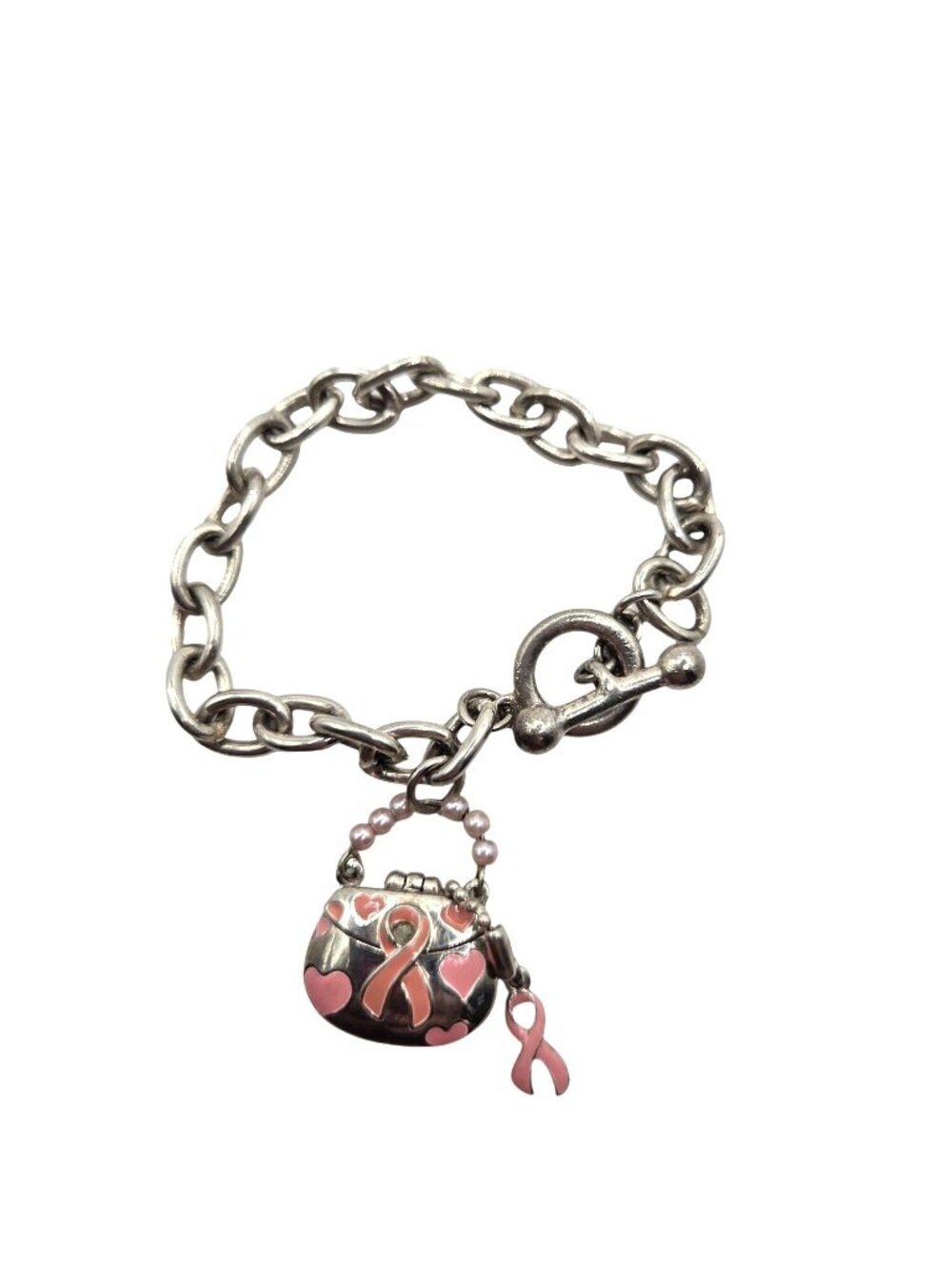 Breast Cancer Awareness Silver-Tone Charm Bracelet With Pink Ribbon & Heart Acce
